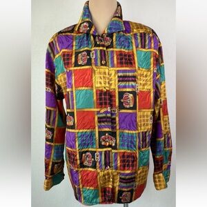 Vintage Victorian Satin Crown Equestrian Print Collared Blouse Top M